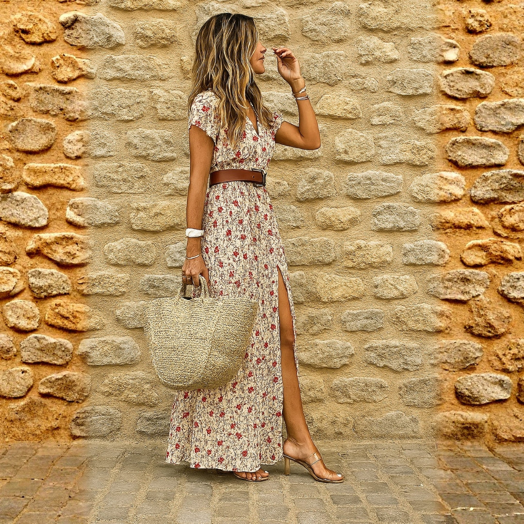 Thilde | Dame Printet V Hals Split Maxi Kjole