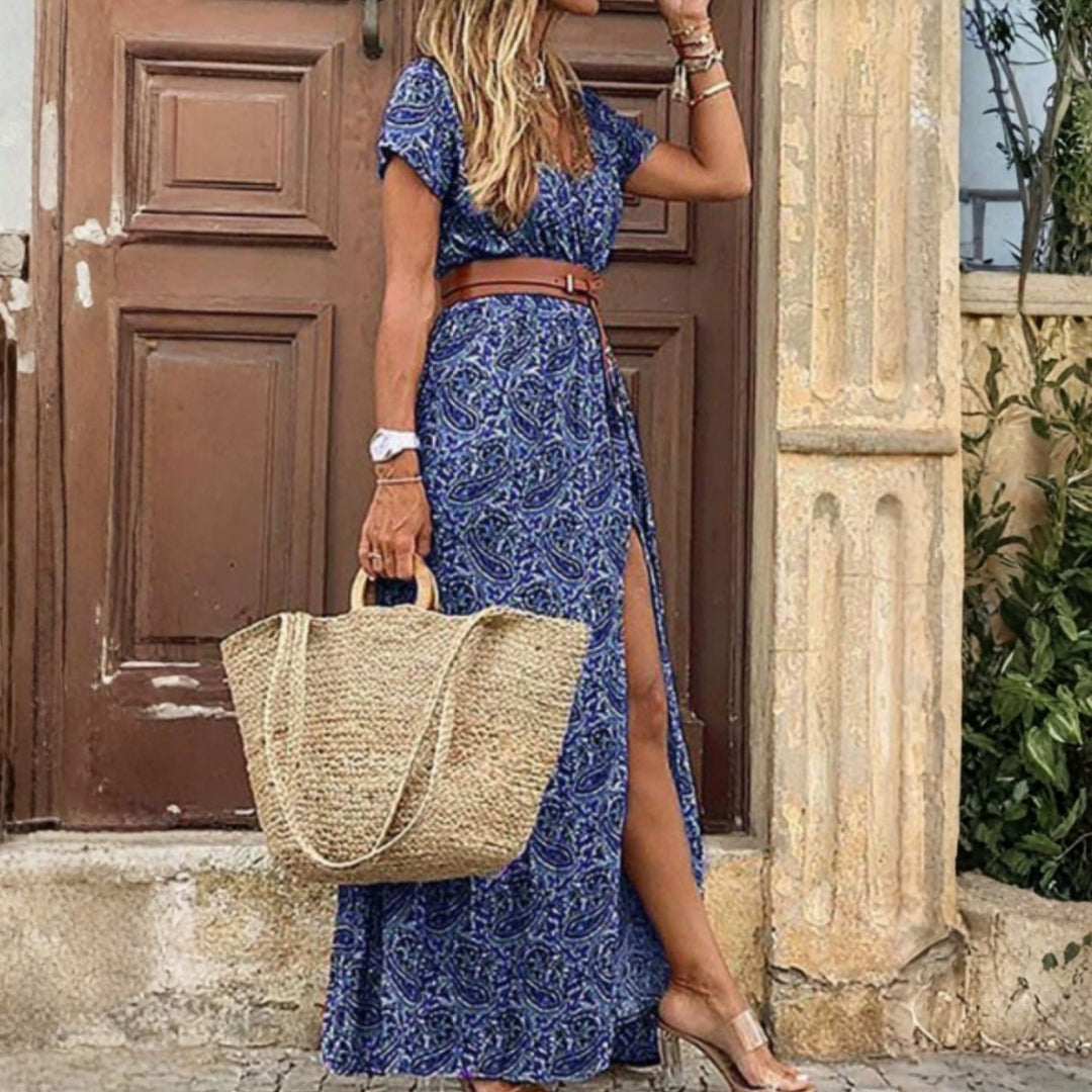 Thilde | Dame Printet V Hals Split Maxi Kjole