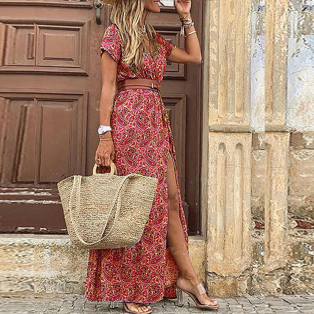 Thilde | Dame Printet V Hals Split Maxi Kjole