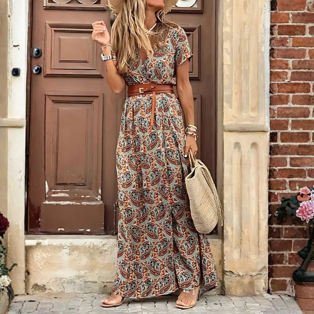 Thilde | Dame Printet V Hals Split Maxi Kjole