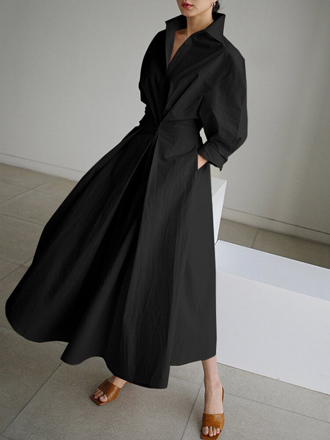 Elfriede | Dame Elegant Knap Talje Skjorte Midi Kjole