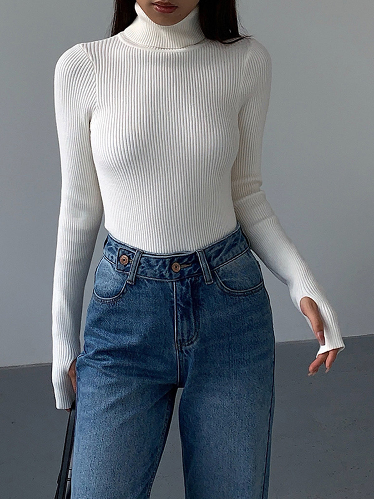 Birthe | Dame Forårs Stilfuld Ribstrikket Rullekrave Sweater