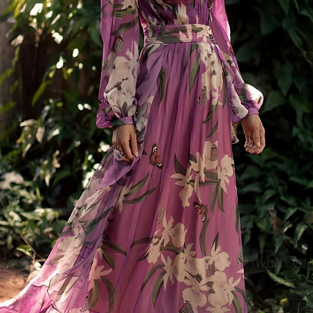 Heidi | Dame Komfortabel Blomstret V-Hals Maxi Kjole