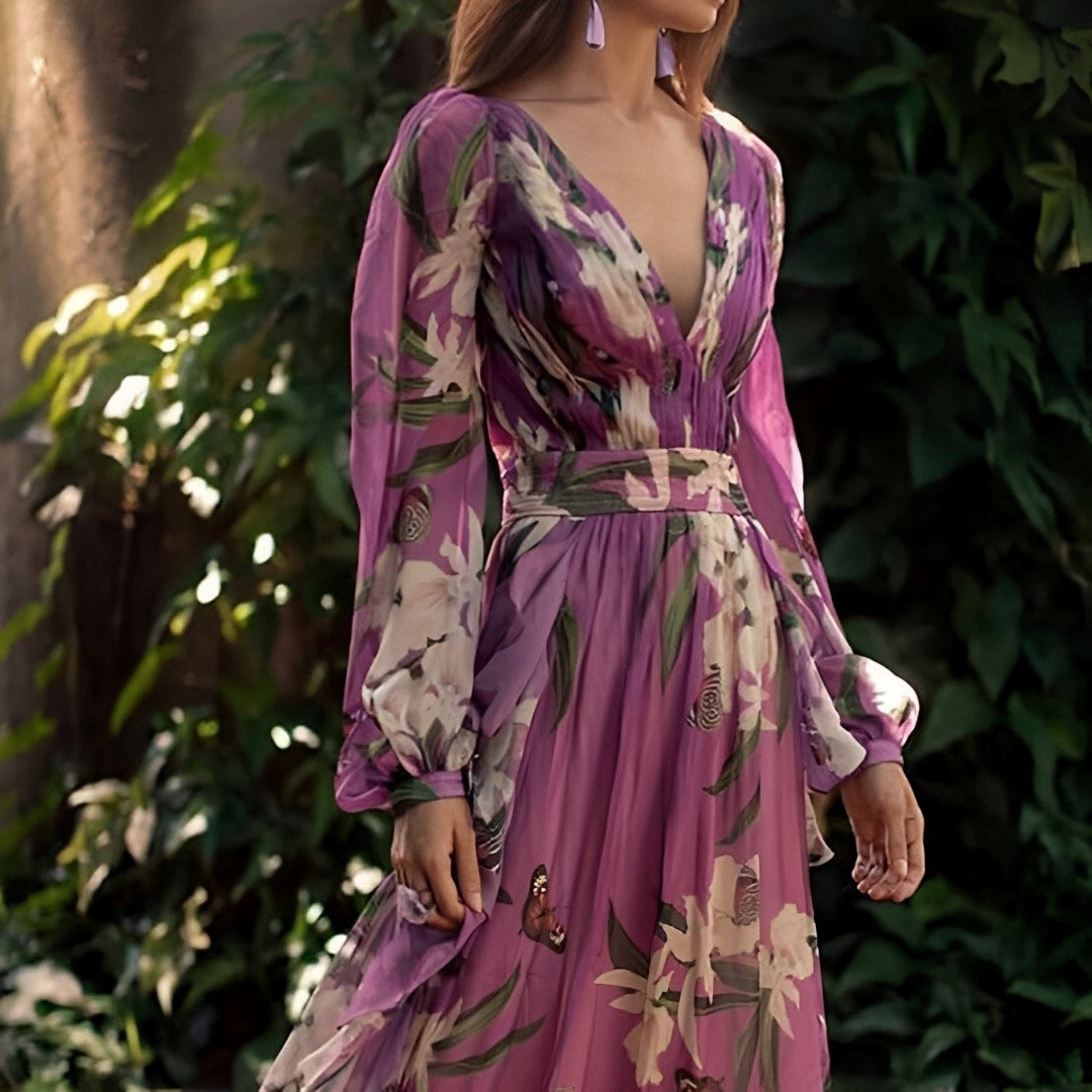 Heidi | Dame Komfortabel Blomstret V-Hals Maxi Kjole
