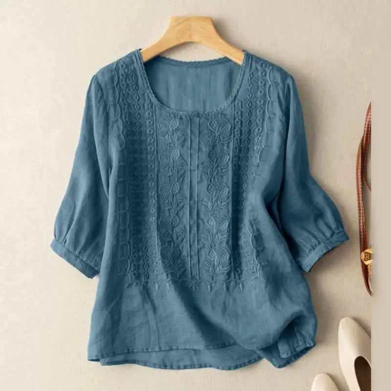 Sine | Dame Broderet Rund Hals Bluse