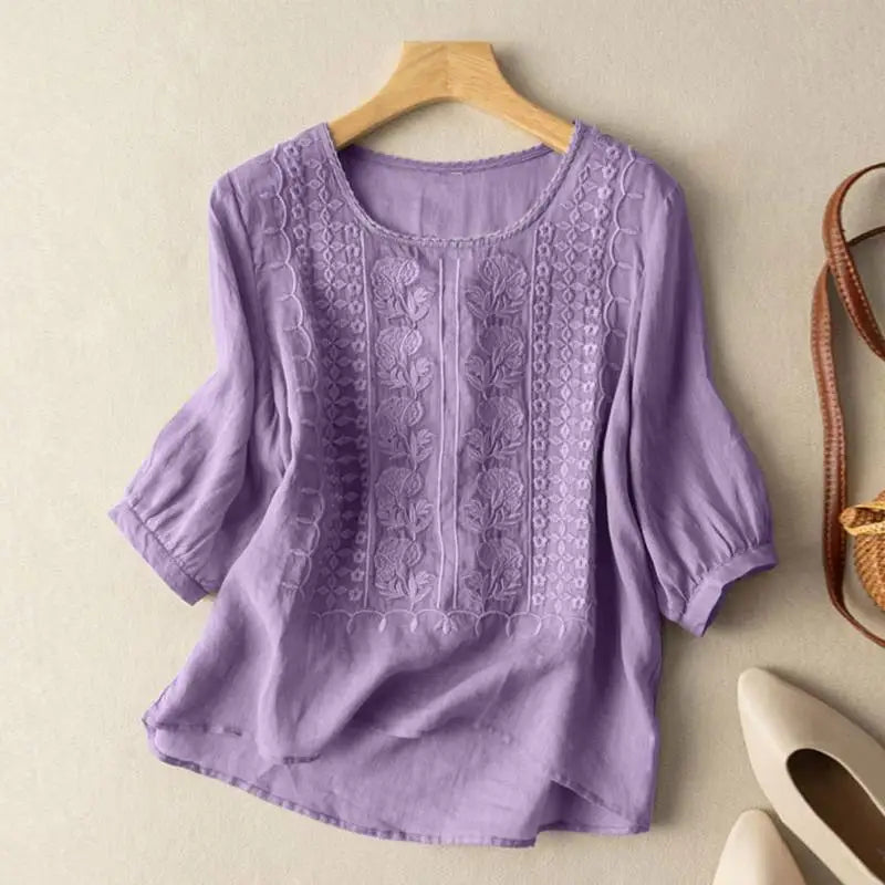 Sine | Dame Broderet Rund Hals Bluse