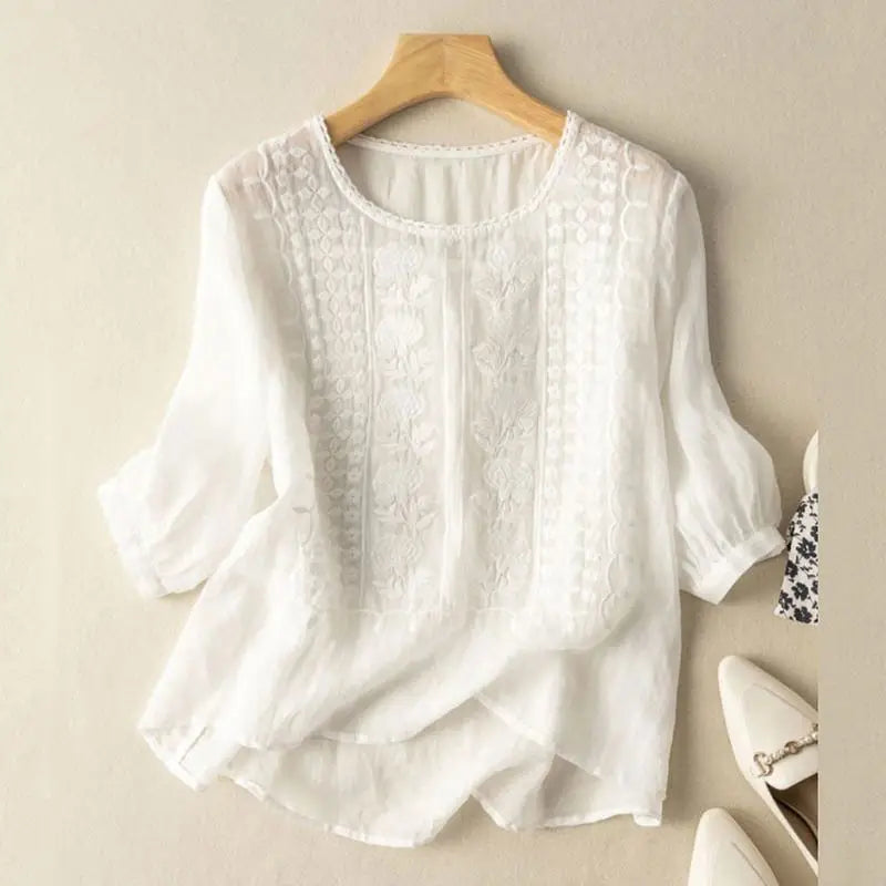 Sine | Dame Broderet Rund Hals Bluse