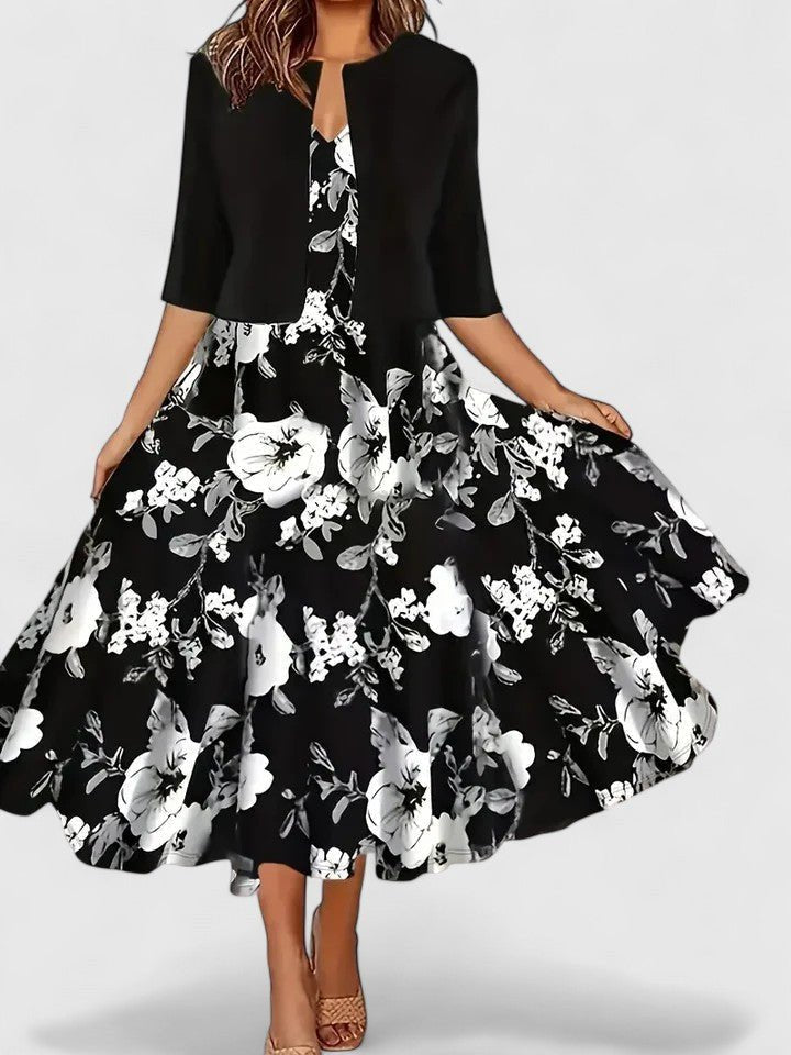 Lea | A-Line Midi Kjole Blomsterprint 3/4 Ærmer Lejligheds Kjole