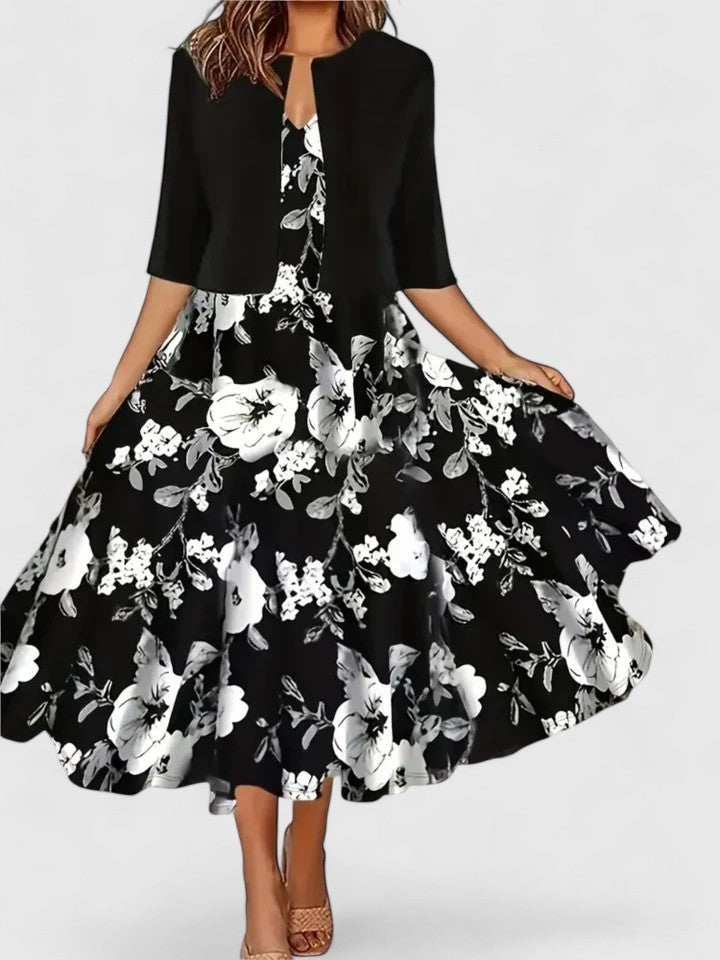 Lea | A-Line Midi Kjole Blomsterprint 3/4 Ærmer Lejligheds Kjole
