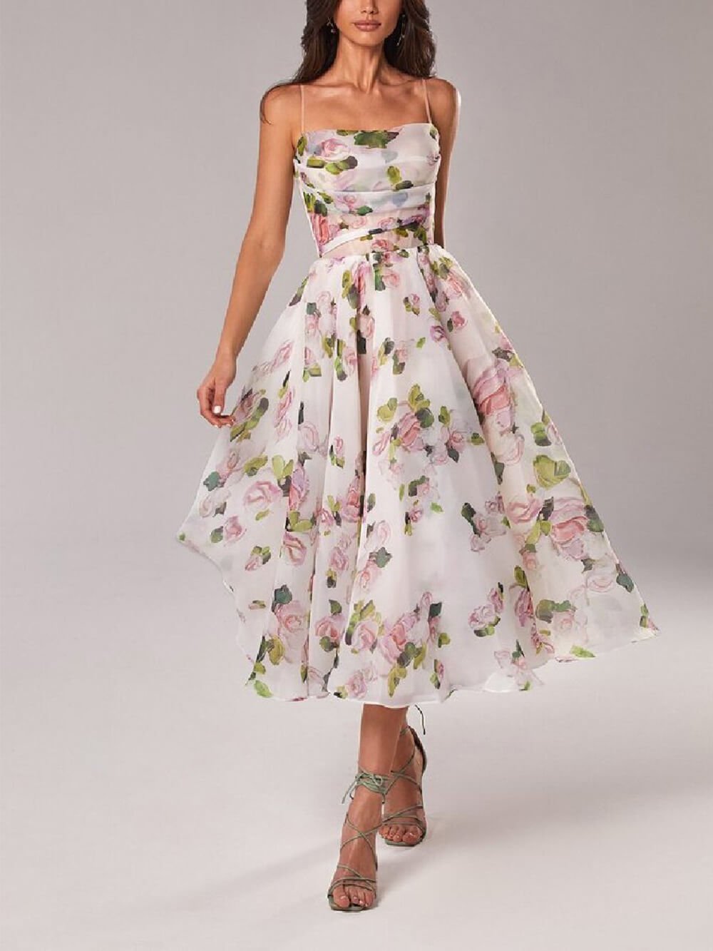 Alma | A-Line Midi Kjole Spaghetti Stropper Blomsterprint