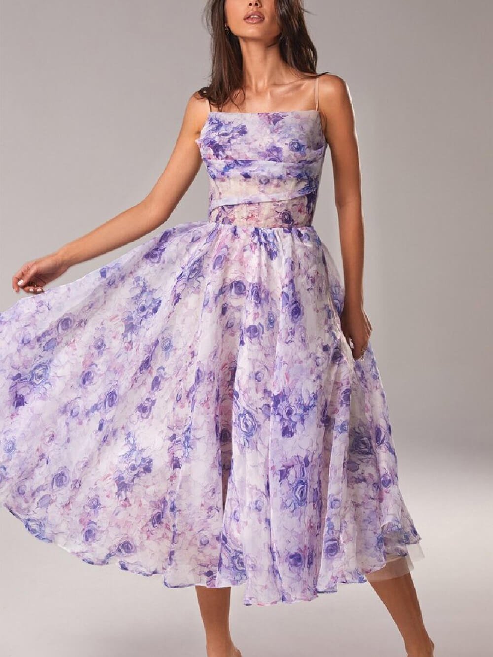 Alma | A-Line Midi Kjole Spaghetti Stropper Blomsterprint