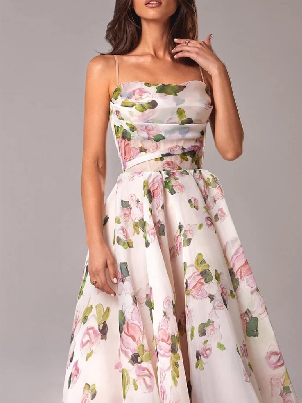 Alma | A-Line Midi Kjole Spaghetti Stropper Blomsterprint