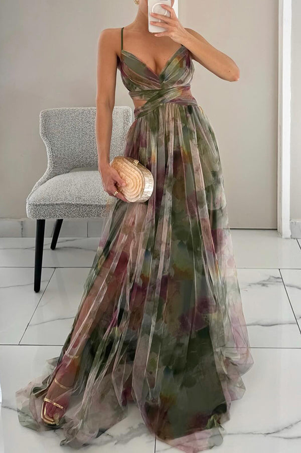 Bente | Dame Printet Spaghetti Strop Maxi Kjole