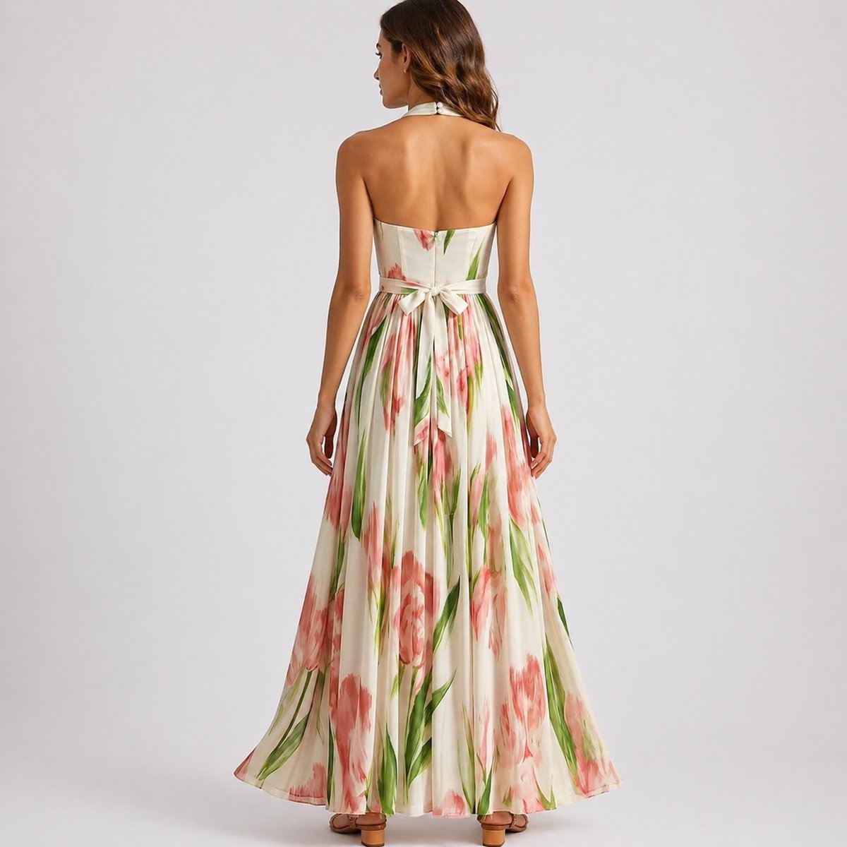 Clara | Blomstret Halterneck Maxi Brudegæstekjole Vandfarve Print