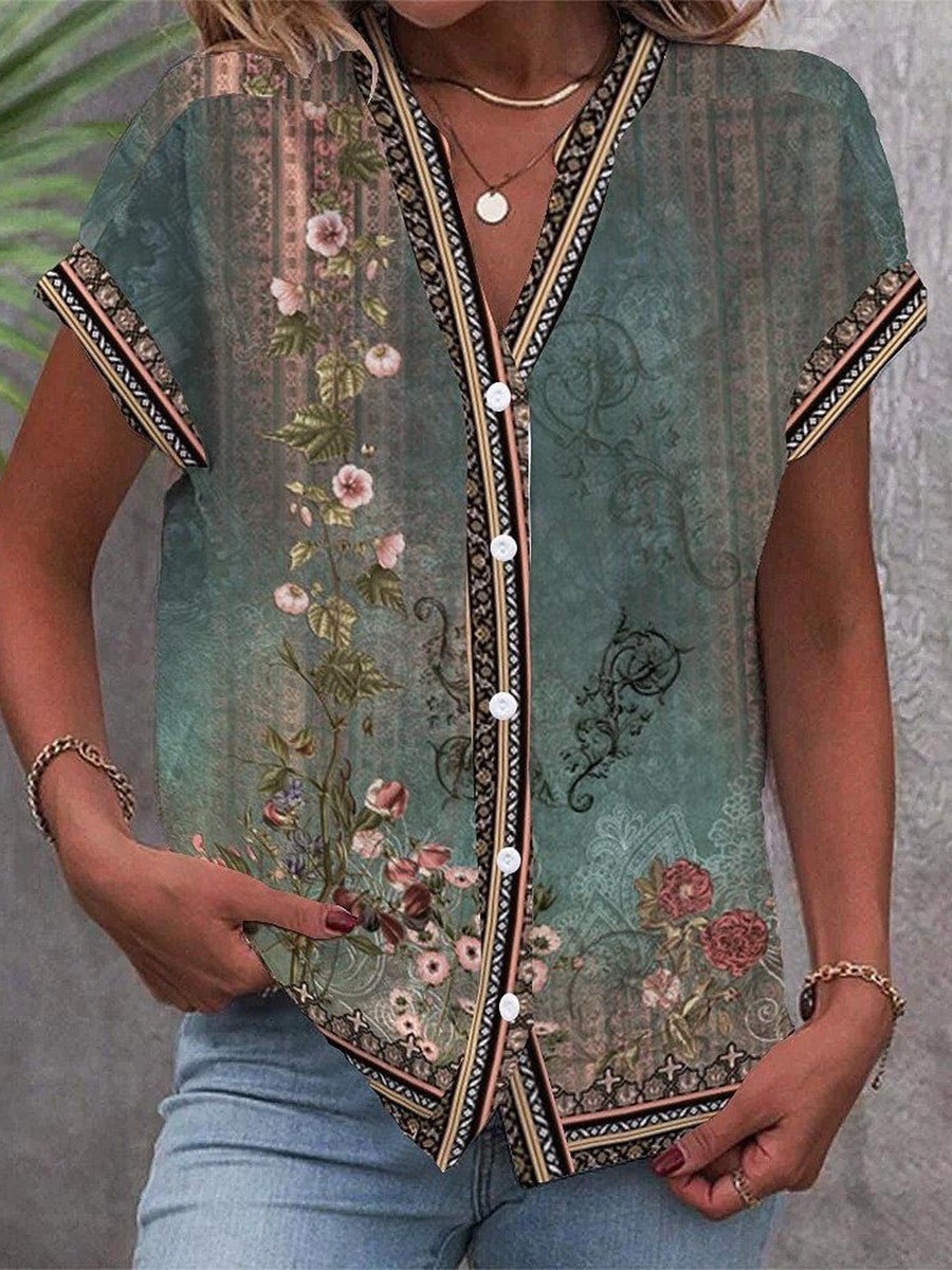 Astrid | Bohemisk Bluse V-Hals Blomsterprint Let Korte Ærmer