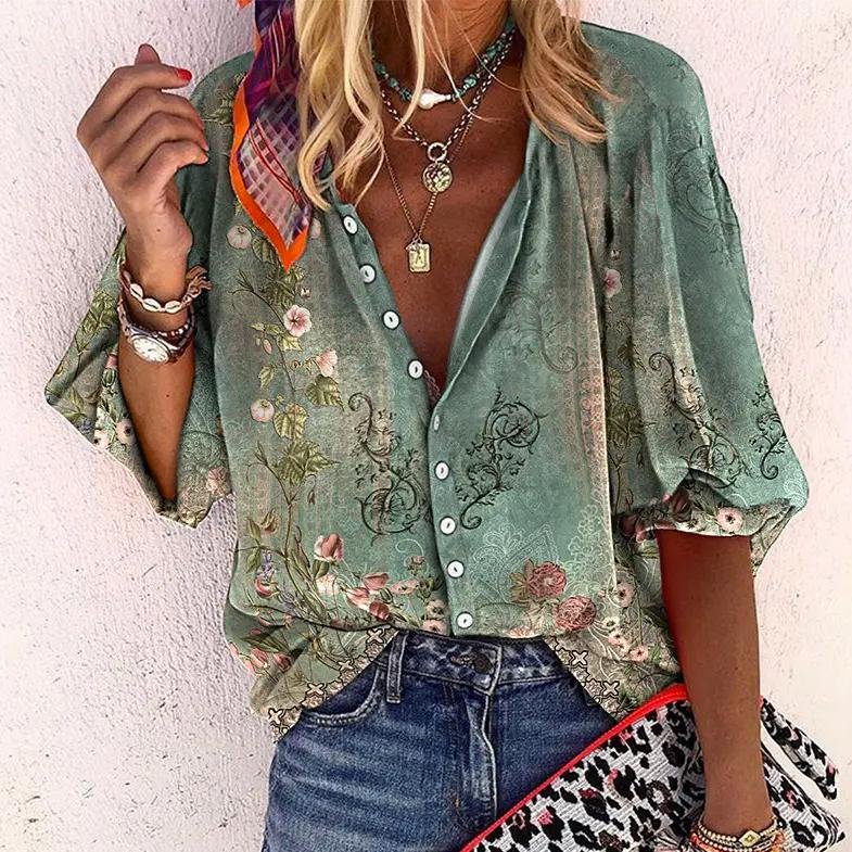 Emma | Boho Bluse V-Hals Langærmet Blomsterprint