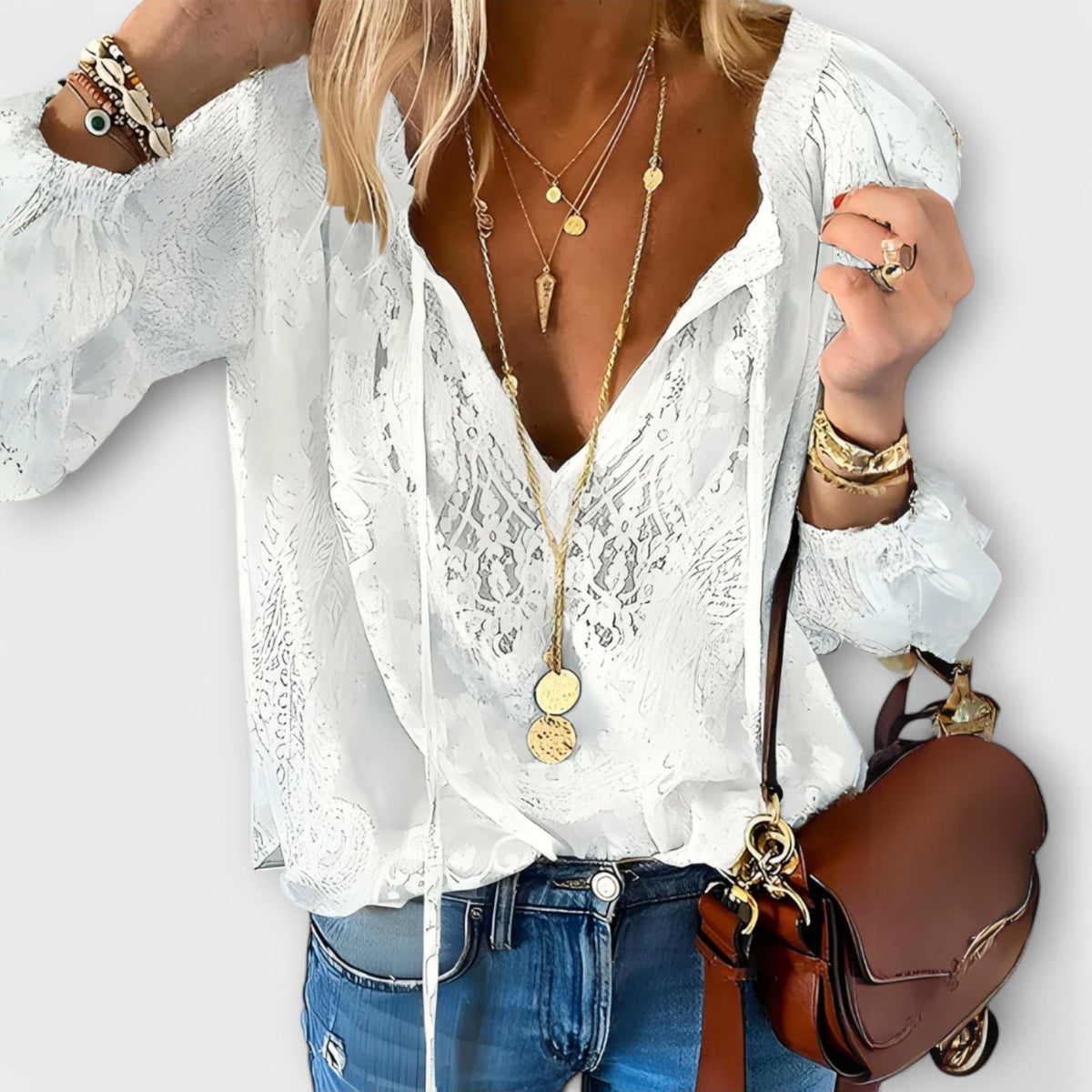Sofia | Boho Bluse V-Udskæring Blonde Lange Ærmer Dame