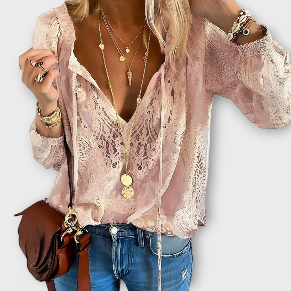 Sofia | Boho Bluse V-Udskæring Blonde Lange Ærmer Dame