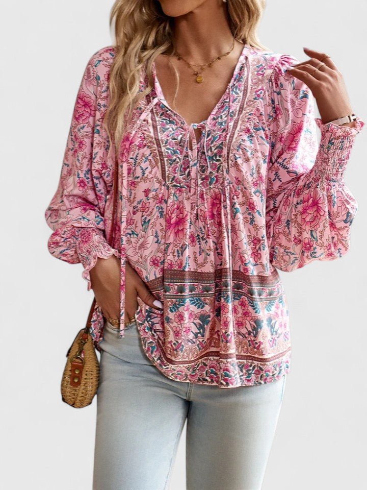 Sofia | Boho Bluse V-Udskæring Pufærmer Blomsterprint
