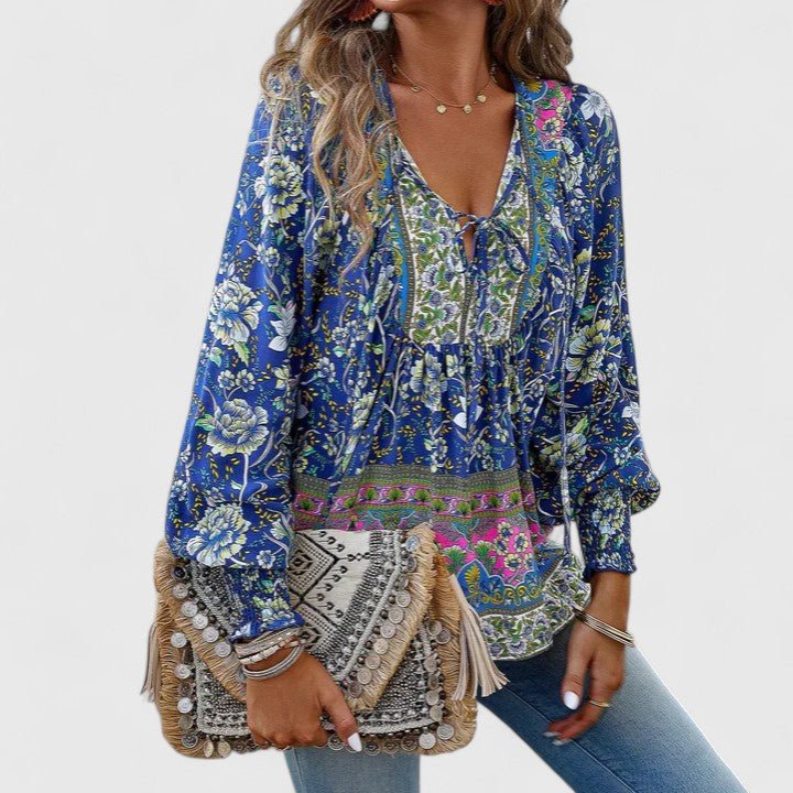 Sofia | Boho Bluse V-Udskæring Pufærmer Blomsterprint