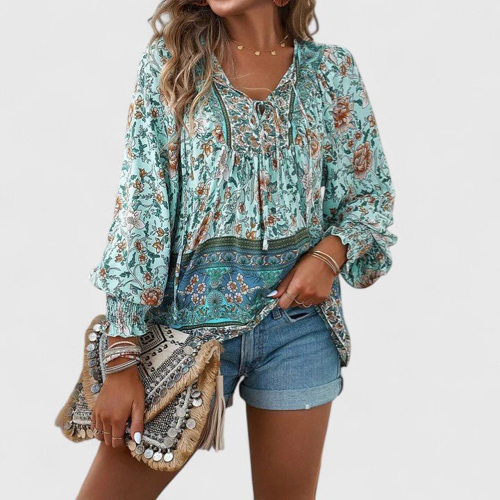 Sofia | Boho Bluse V-Udskæring Pufærmer Blomsterprint