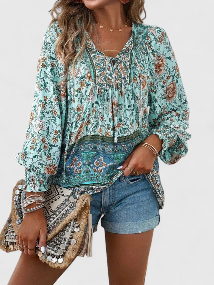 Sofia | Boho Bluse V-Udskæring Pufærmer Blomsterprint