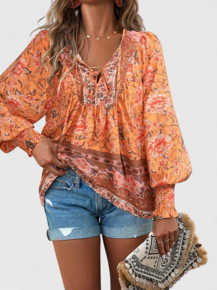 Sofia | Boho Bluse V-Udskæring Pufærmer Blomsterprint