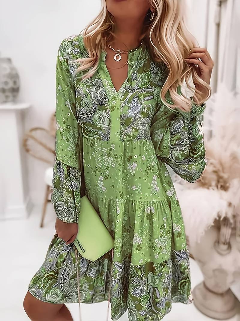 Josefine | Boho Kjole med Blomsterprint V-Udskæring Langærmet