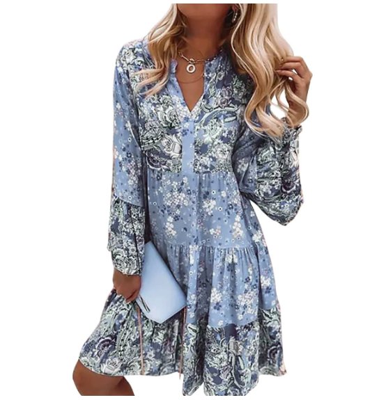 Josefine | Boho Kjole med Blomsterprint V-Udskæring Langærmet