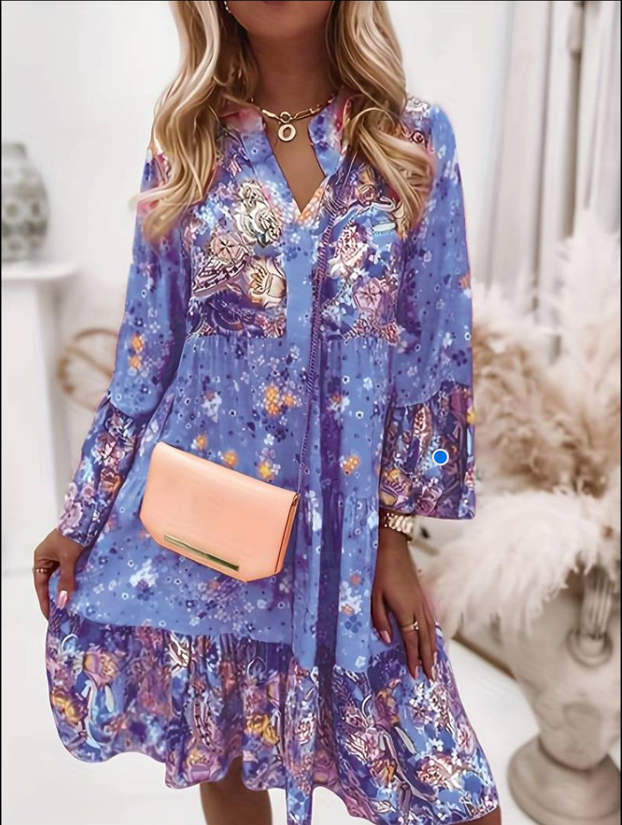 Josefine | Boho Kjole med Blomsterprint V-Udskæring Langærmet