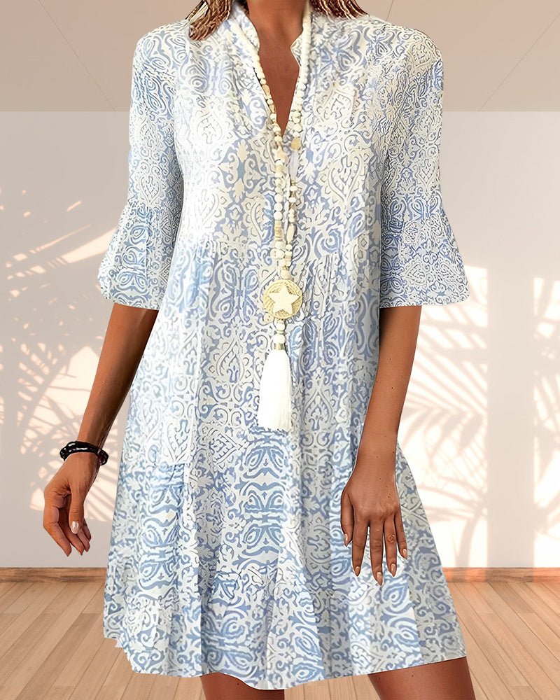 Emma | Boho Kjole V-hals 3/4 Ærmer Paisley Print A-linje