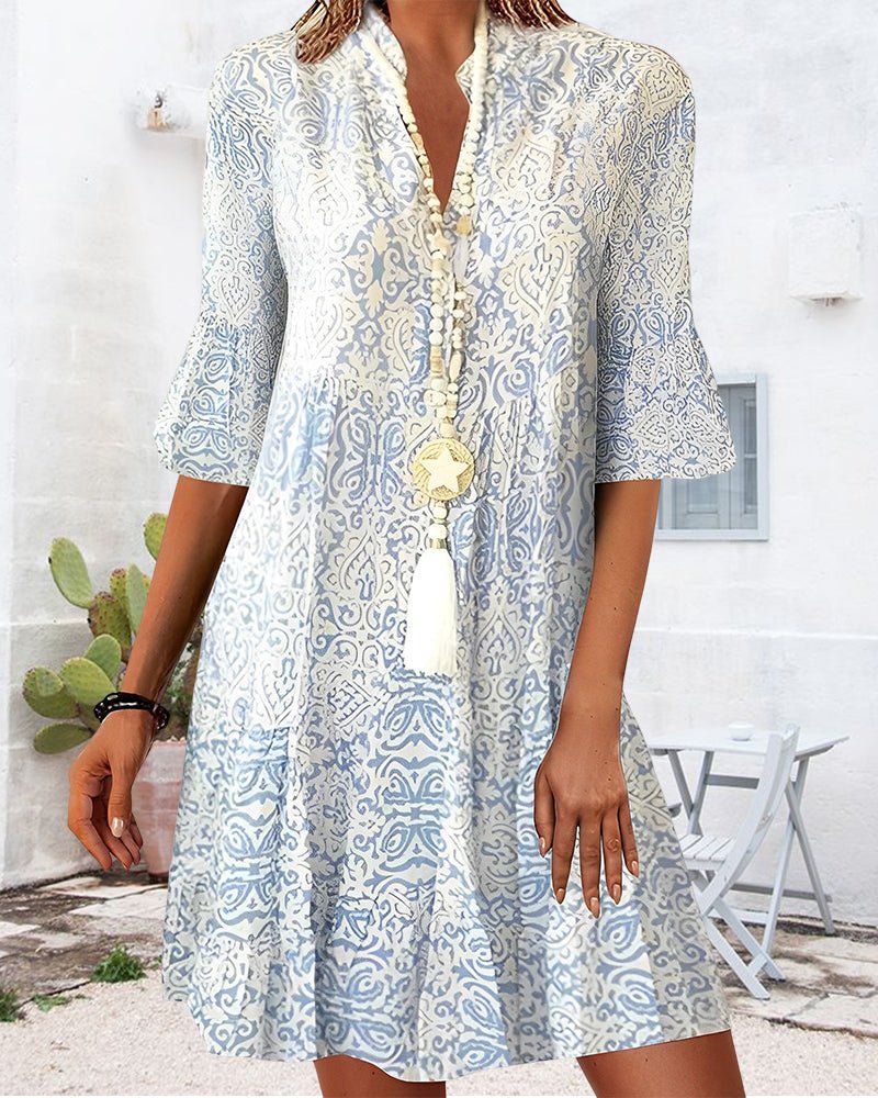 Emma | Boho Kjole V-hals 3/4 Ærmer Paisley Print A-linje