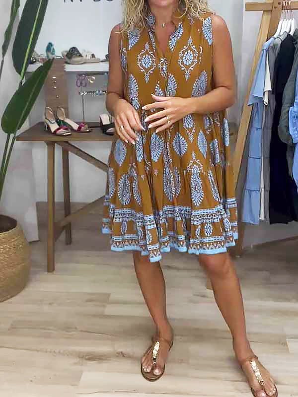 Nora | Boho Kjole V-Hals Ærmeløs Lagdelt Mini Gul Blå Print
