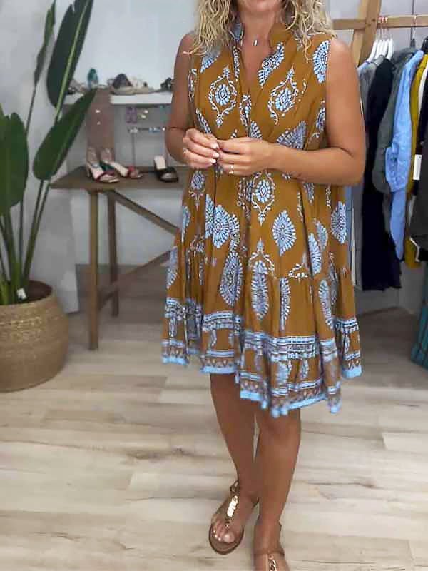 Nora | Boho Kjole V-Hals Ærmeløs Lagdelt Mini Gul Blå Print