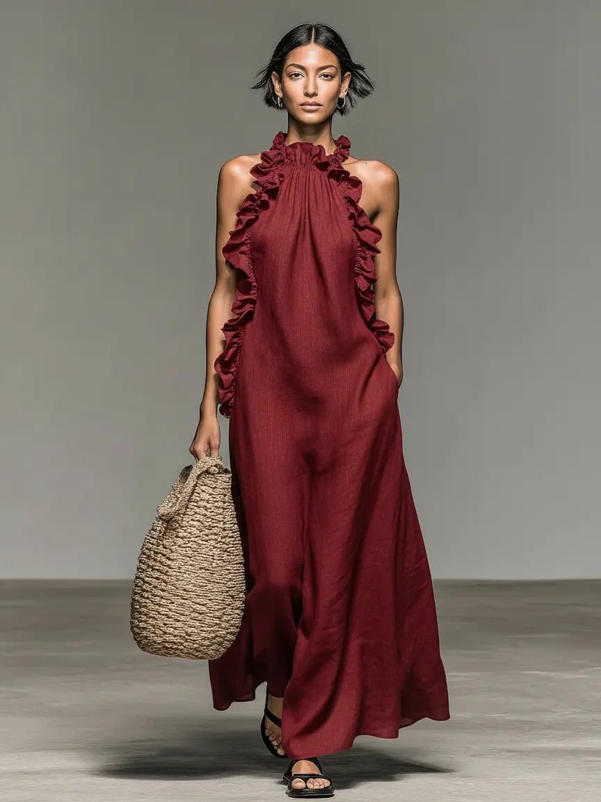 Clara | Boho Linned Maxi Kjole Ærmeløs Flæsekant Dame