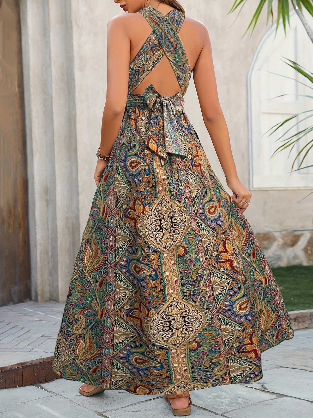 Ella | Boho Maxi Kjole Halterneck Paisley Mønster