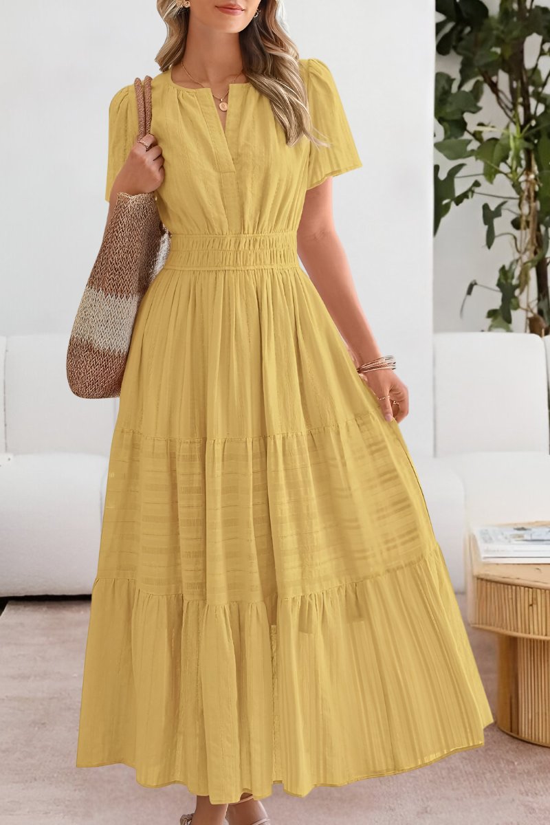 Ida | Boho Maxi Kjole Kort Ærme Elastik Talje Sommer