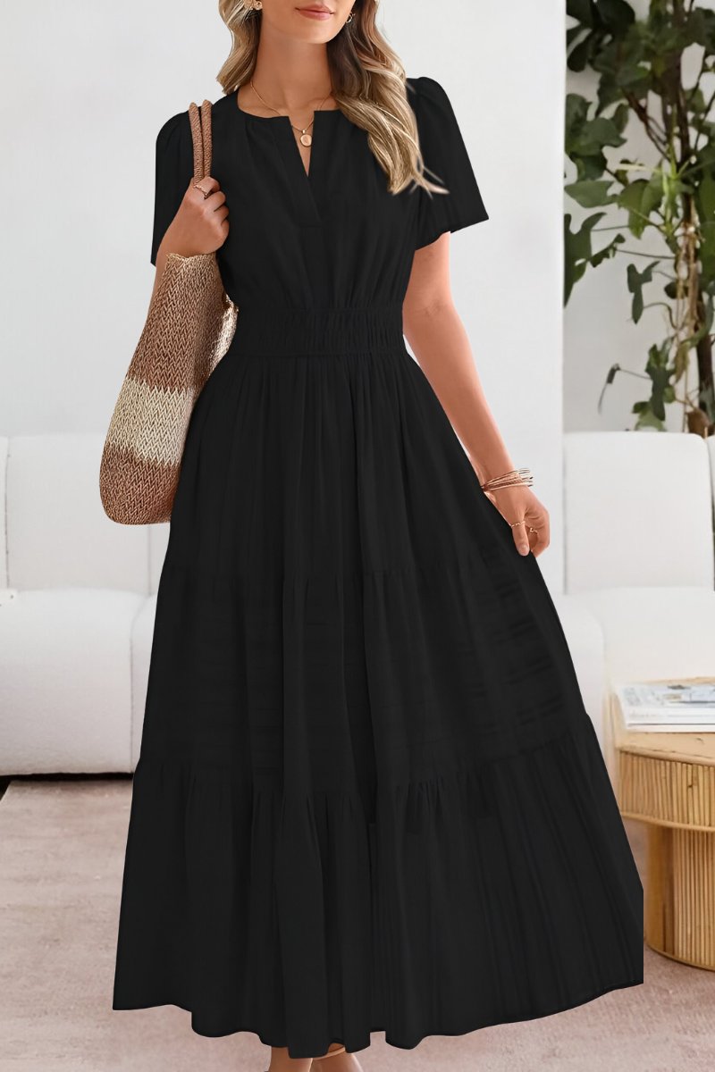 Ida | Boho Maxi Kjole Kort Ærme Elastik Talje Sommer
