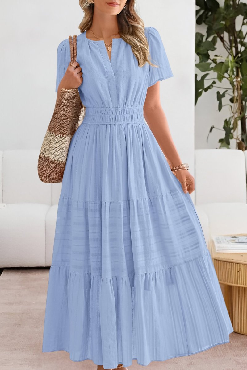 Ida | Boho Maxi Kjole Kort Ærme Elastik Talje Sommer