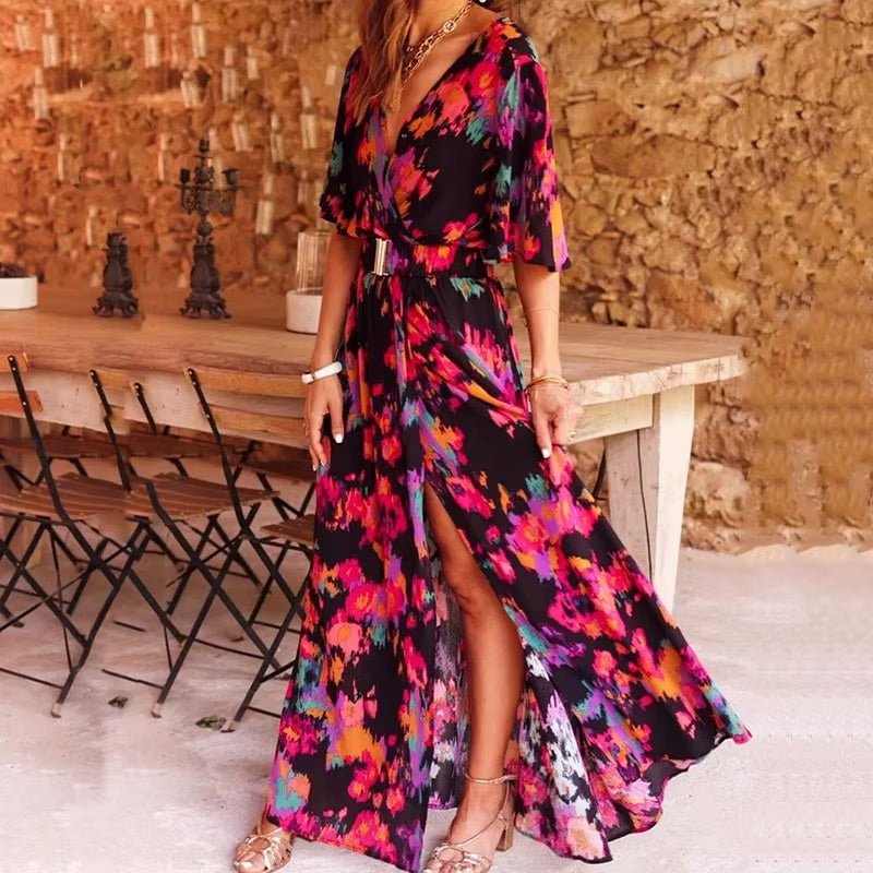 Mathilde | Boho Maxi Kjole Lang V-Udskæring Sommer