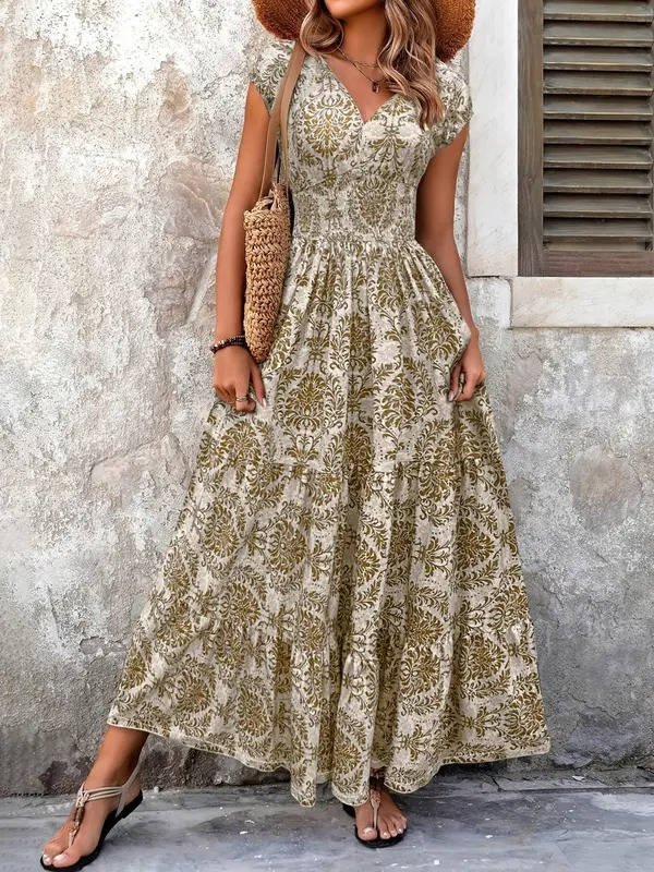 Alma | Boho Maxi Kjole Smock Talje V-Udskæring Lagdelt