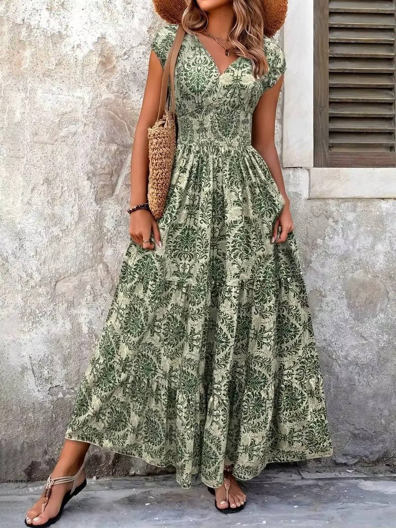 Alma | Boho Maxi Kjole Smock Talje V-Udskæring Lagdelt