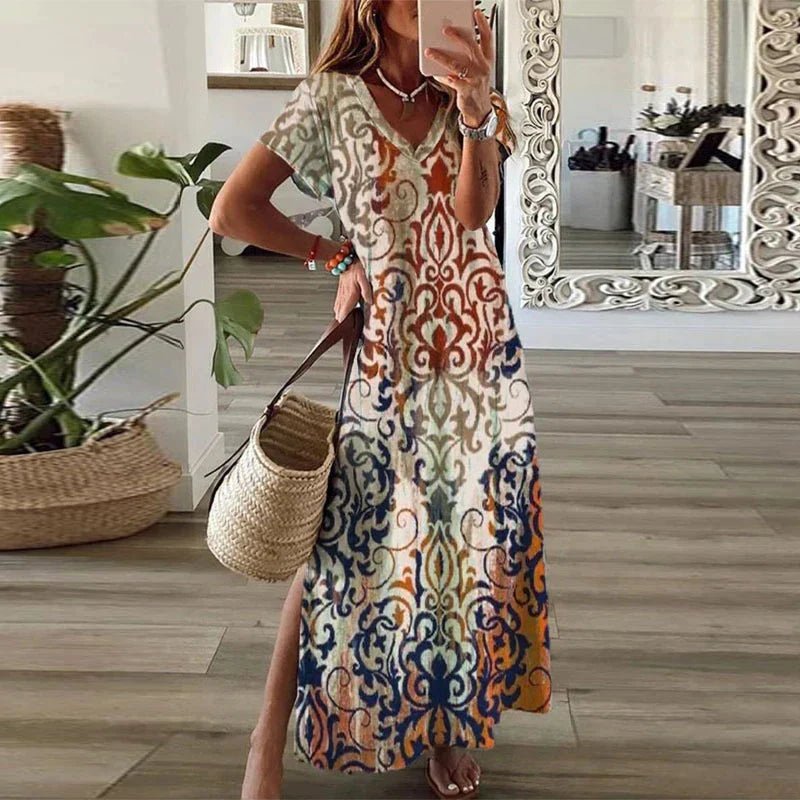 Mathilde | Boho Maxi Kjole V-Hals Kort Ærme Print Split