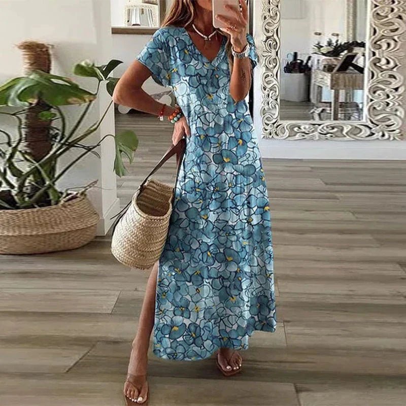 Mathilde | Boho Maxi Kjole V-Hals Kort Ærme Print Split
