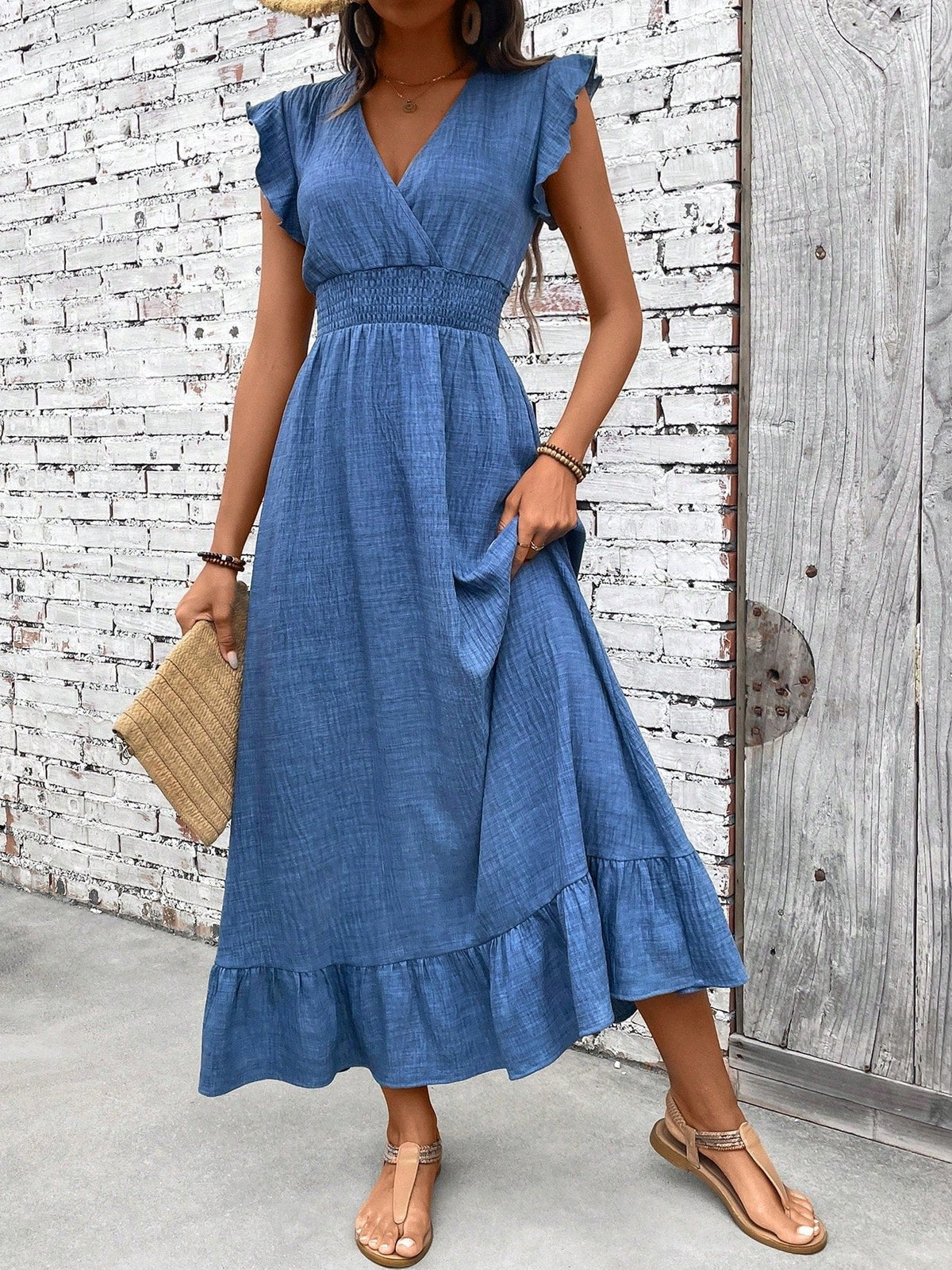 Nora | Boho Maxi Kjole V-Hals Smock Talje Flæse Ærmer