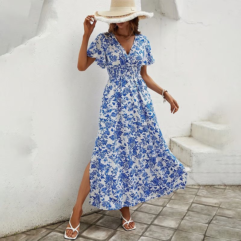 Sofia | Boho Maxi Kjole V-udskæring Blomsterprint Sommer
