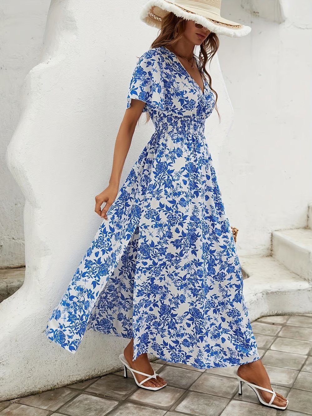 Sofia | Boho Maxi Kjole V-udskæring Blomsterprint Sommer