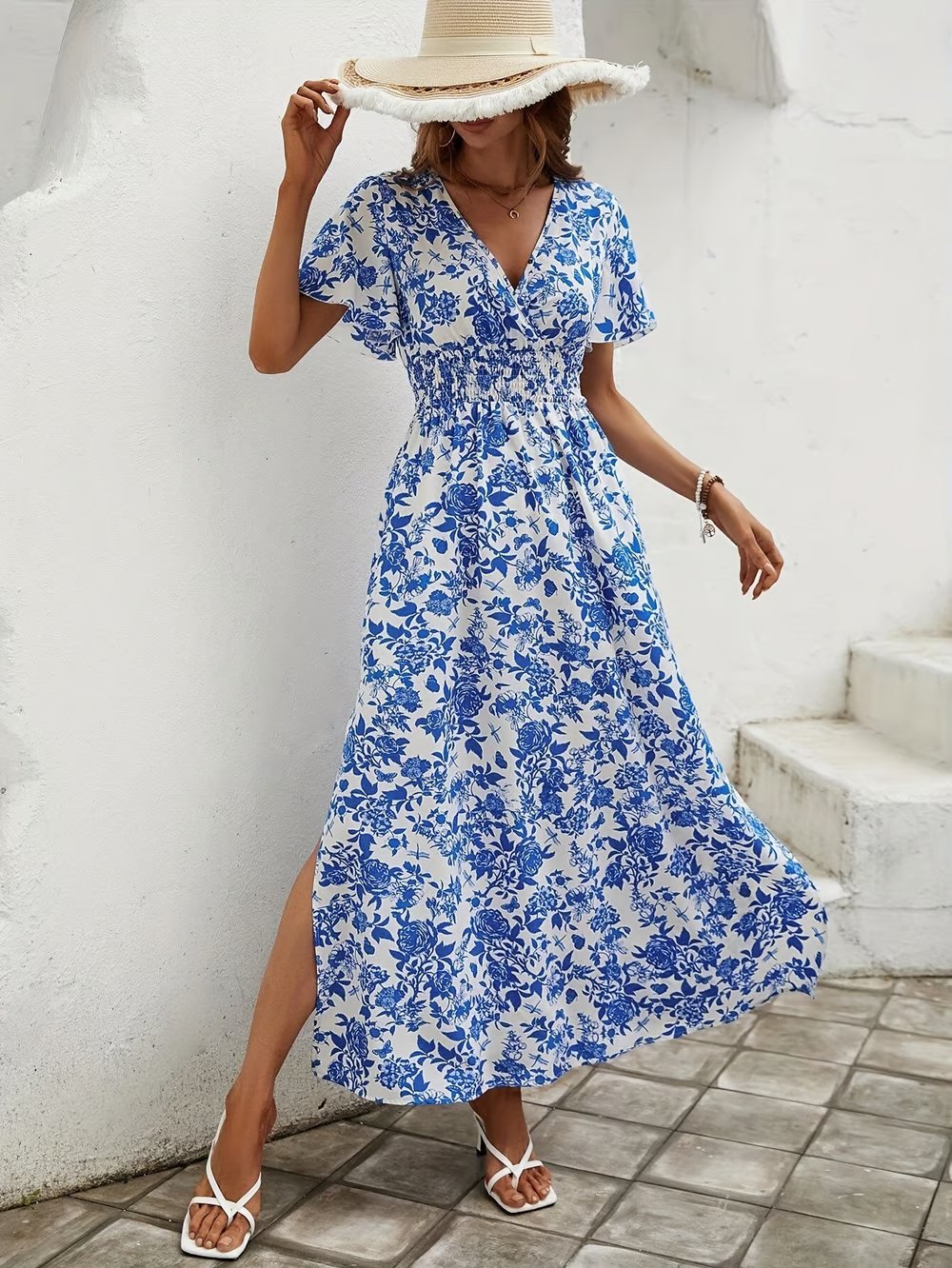 Sofia | Boho Maxi Kjole V-udskæring Blomsterprint Sommer