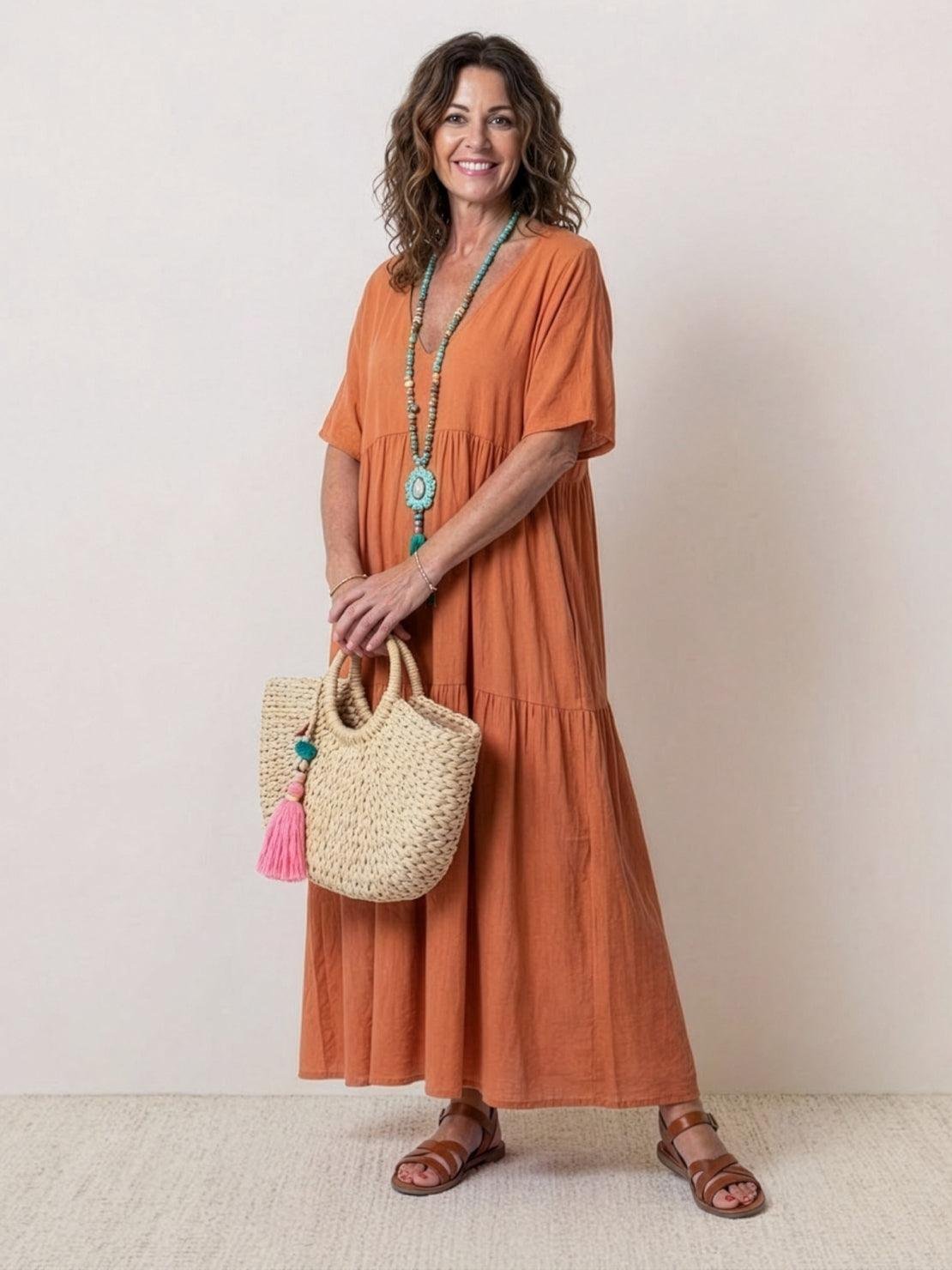 Karla | Boho Maxi Kjole V-Udskæring Korte Ærmer Lagdelt