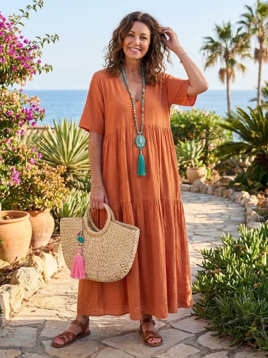 Karla | Boho Maxi Kjole V-Udskæring Korte Ærmer Lagdelt